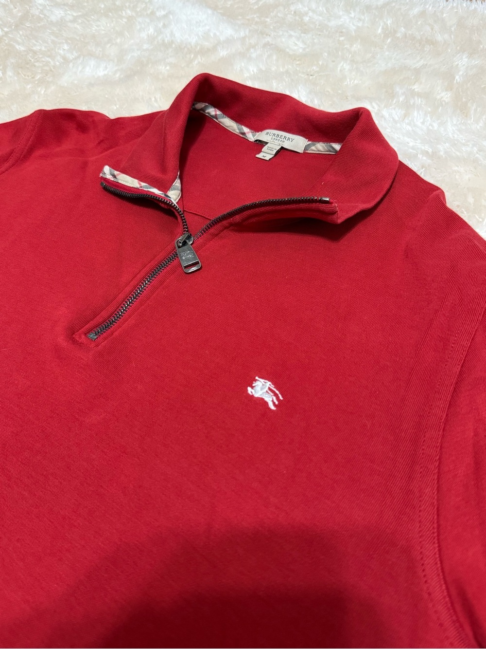 Burberry Red Quarter-Zip Polo with Contrast Check Trim